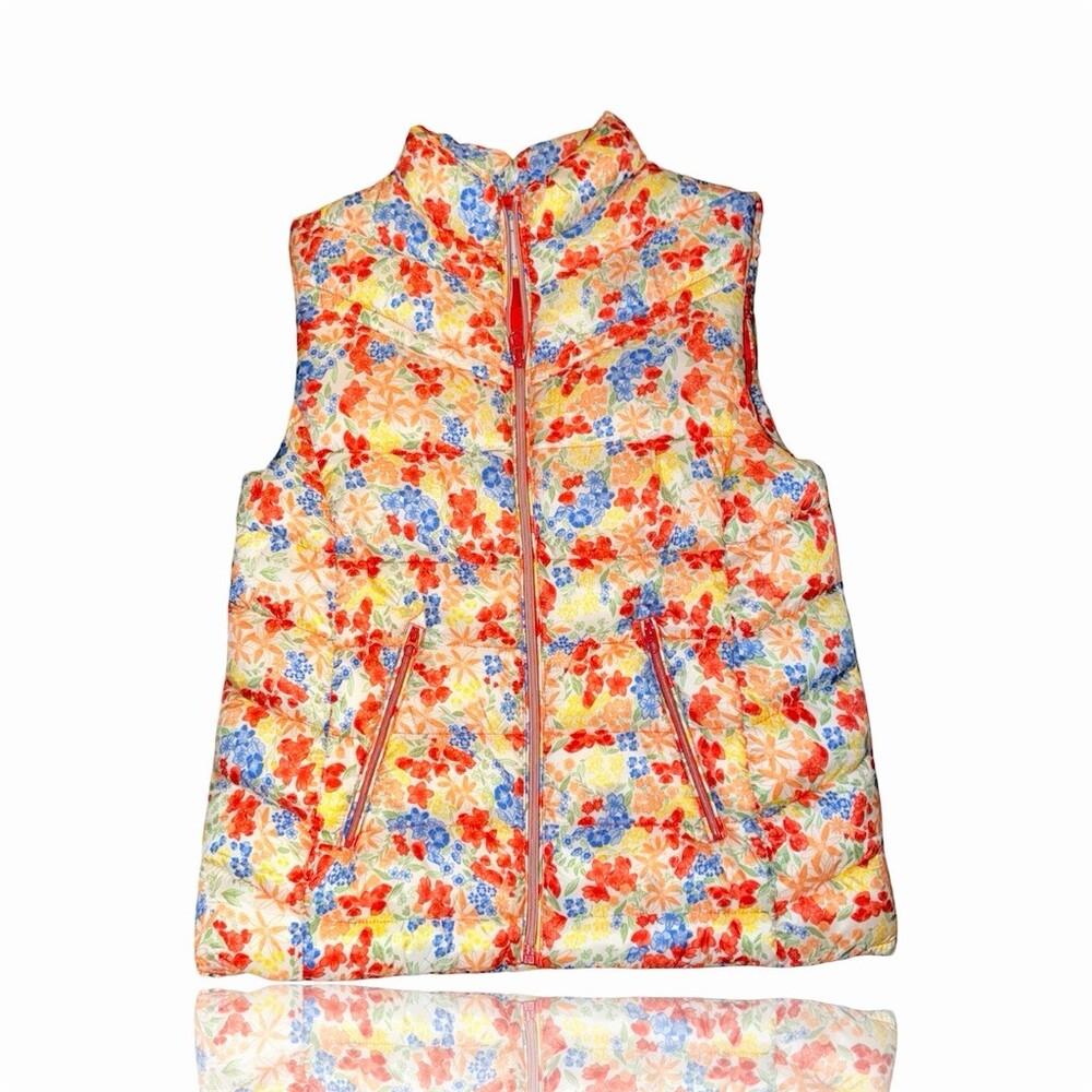 Zara Girls Floral Puffer Vest Multicolor Full Zip Pockets Size 13/14